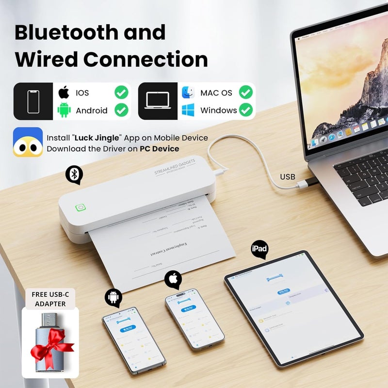 STREAMLINED GADGETS 2025 Portable Wireless Inkless Thermal Printer – Bluetooth Mobile Printer for iPhone, Android, Laptop, Tablet for Home and School– 8.5”x11” w/Free Shockproof Case & 3 Rolls Thermal Paper - Image 3